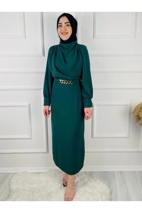 Kadın Zincir Kemerli Uzun Elbise- Yeşil YSMN00045