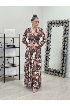 Tül Kumaş Desen Baskılı Kemerli Elbise - Kahverengi GYM-0300