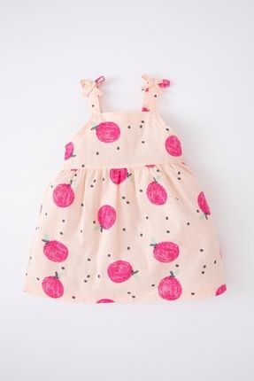 Kız Bebek Meyve Desenli Regular Fit Askılı Keten Görünümlü Elbise Y6913A222SM