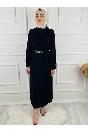 Kadın Zincir Kemerli Uzun Elbise-siyah YSMN00045
