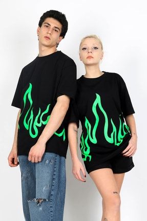 Neon Alev Siyah Oversize Unisex Tshirt BM8160034
