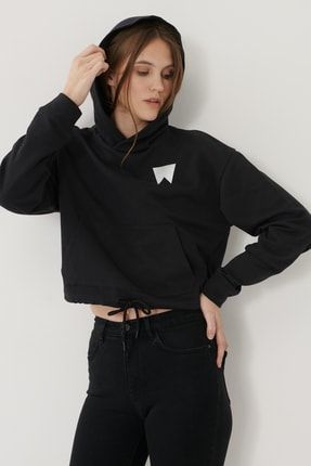 Kadın Siyah Regular Fit %100 Pamuk Kapüşonlu Sweatshirt W211002