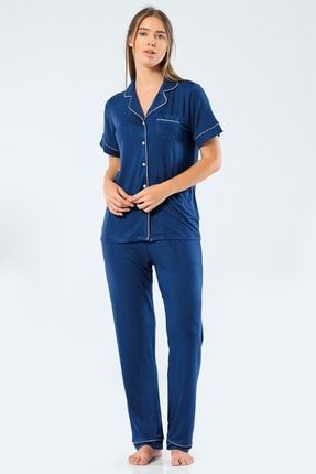 Kadın Lacivert Düz Kısa Kollu Gömlek Yaka Pijama Takımı 3358