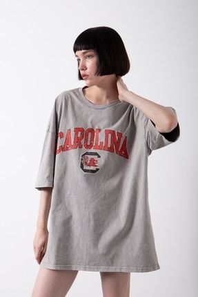 Kadın Oversize Carolina Baskılı Yıkamalı Pamuklu T-shirt Ekru WM1601