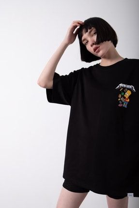 Kadın Oversize Munchies Baskılı Pamuklu T-shirt Siyah WM1617