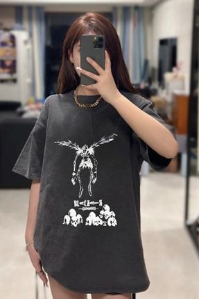 Gri Renk Yıkamalı Kumaş Death Note Baskılı Oversize Anime Unisex Kısa Kollu T-shirt BSM05DTNYKM