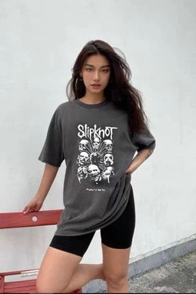Gri Renk Eskitme Kumaş Slipkenot Baskılı Oversize Rock-metal Unisex Kısa Kollu Yıkamalı T-shirt BSM05SLPKYKMT