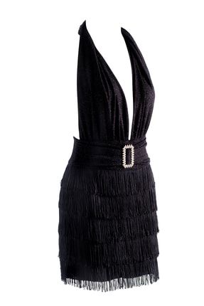 Isabella Püsküllü Mini Siyah Elbise OGI9090