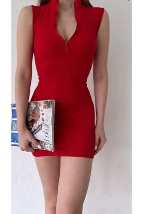 Kırmızı Fermuarlı Fitilli Mini Elbise KIRMIZI
