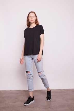 Lycrasız Pamuk Geniş Sıfır Yaka Düşük Omuzlu Kolları Bağcıklı T-shirt -siyah 20343