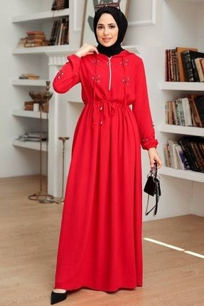 - Inci Detaylı Kırmızı Tesettür Elbise 13260k AF-13260