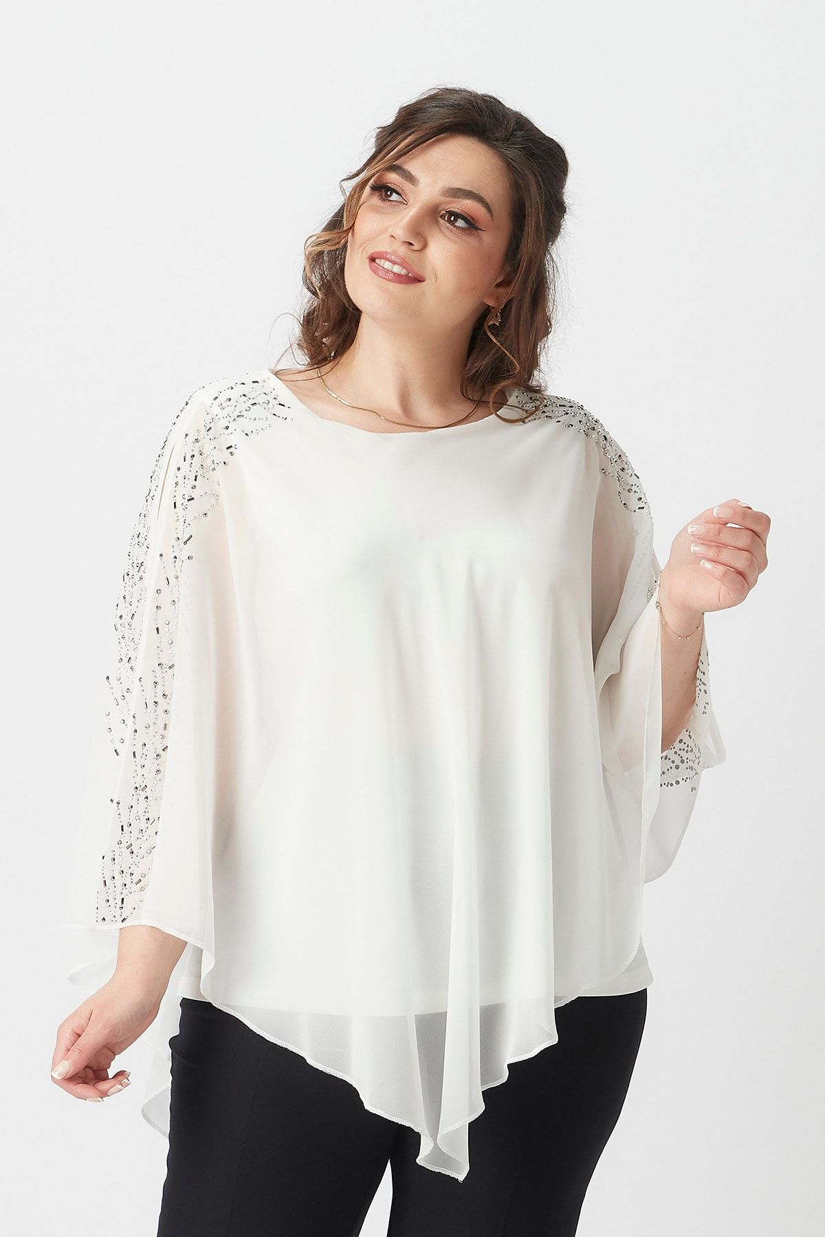 Moda Alba-Pelerina din șifon cu bijuterii pe umeri alb. Bluză elegantă de mărime mare 1