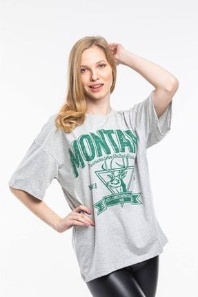 Kadın Montana Baskılı Oversize Gri T-shirt Ovrsz-Tşrt-Mntana
