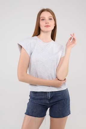 Gri Melanj Kolsuz Basic Örme T-shirt 0111