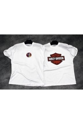 Unisex Up Ve Harley D Baskılı %100 Pamuk 2'li Kombin Beyaz T-shirt mdl-kbn-02