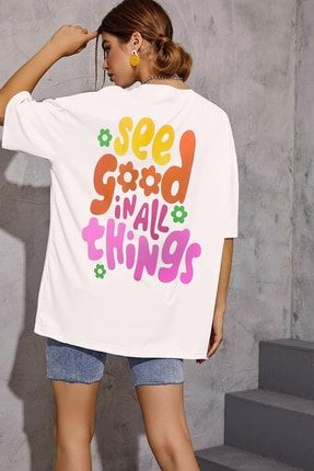 Kadın See Good In All Things Baskılı Oversize T-shirt SG45