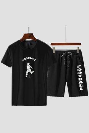 Özel Tasarım Football Yazılı Şort T-shirt Spor Kombin-siyah SPR-SHRTSRT-07