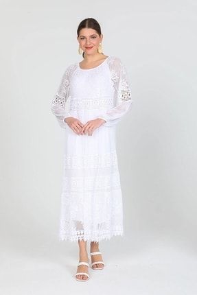 Kadın Beyaz Italyan Fileli Dantel Detaylı Astarlı Uzun Ipek Elbise ITALYAN15525