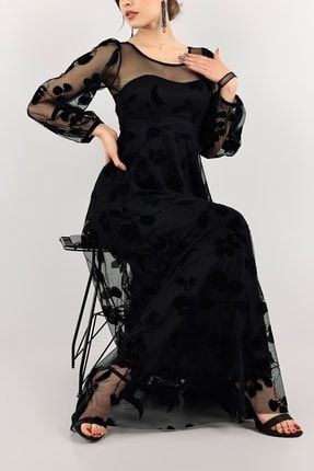 Kadın Siyah Flok Baskı Astarlı Uzun Abiye Elbise Nkt-md1-115651 NKT-MD1-115651