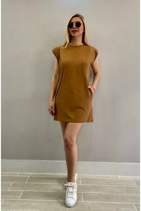 Kadın Oversize Kahverengi Vatkalı Cepli Spor Elbise-hamile -büyük Beden Elbise sim074