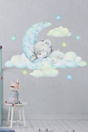 Bulut Üstünde Uyuyan Ayı Dekoratif Bebek Odası Dekor Duvar Sticker STC468