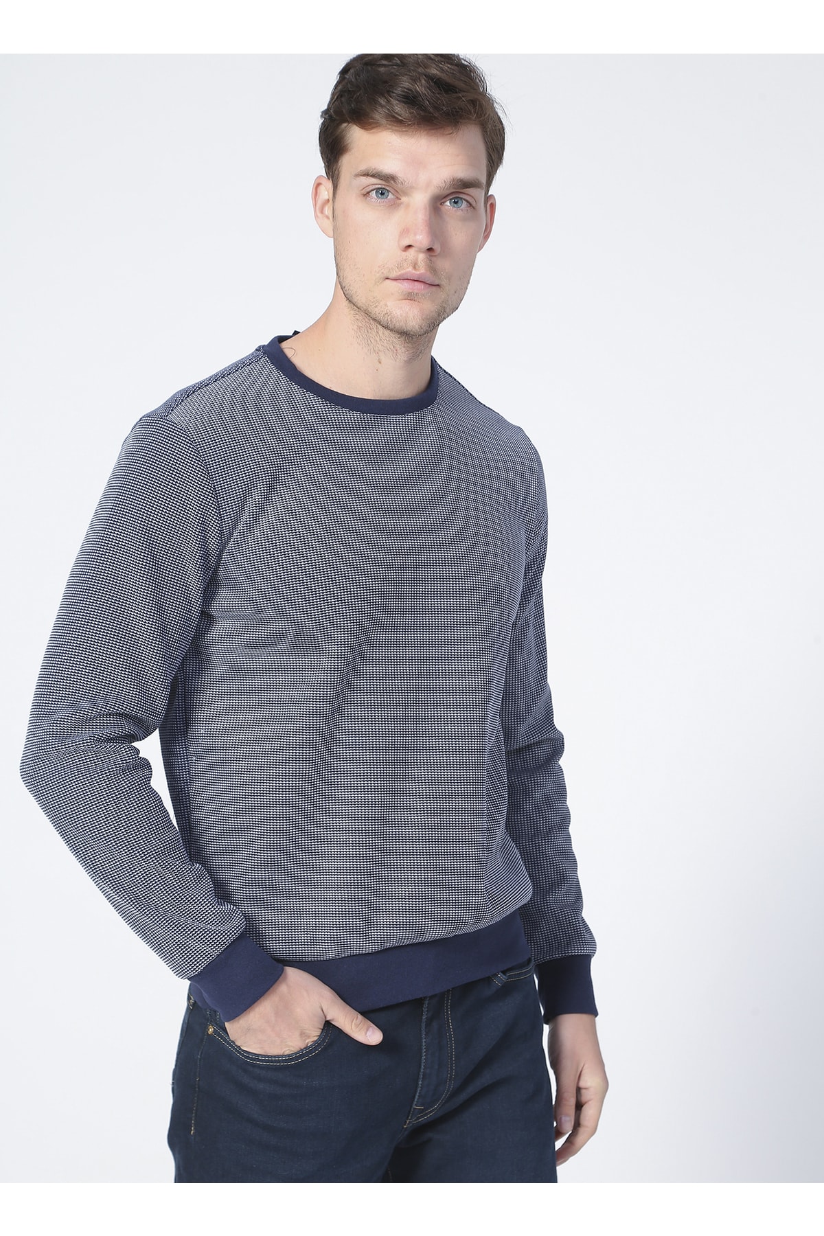 سویشرت مردانه آبی سرمه ای فابریکا | 5002721881 اورجینال - تصویر 3