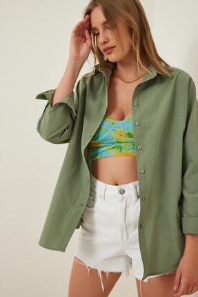 Happiness İstanbul Kadın Haki Oversize Uzun Basic G&ouml;mlek DD00842