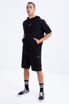 Siyah Erkek Nakışlı Kapüşonlu Kanguru Cep Oversize Tshirt Şort Eşofman Takım - 85166 T09ER-85166