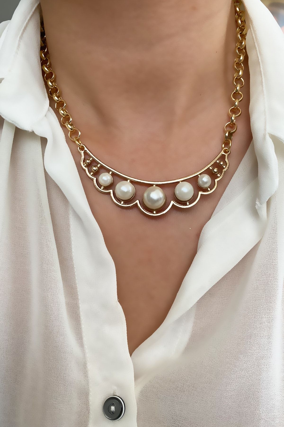 im Design Pearl Detail Ring Chain Gold Necklace Trendyol