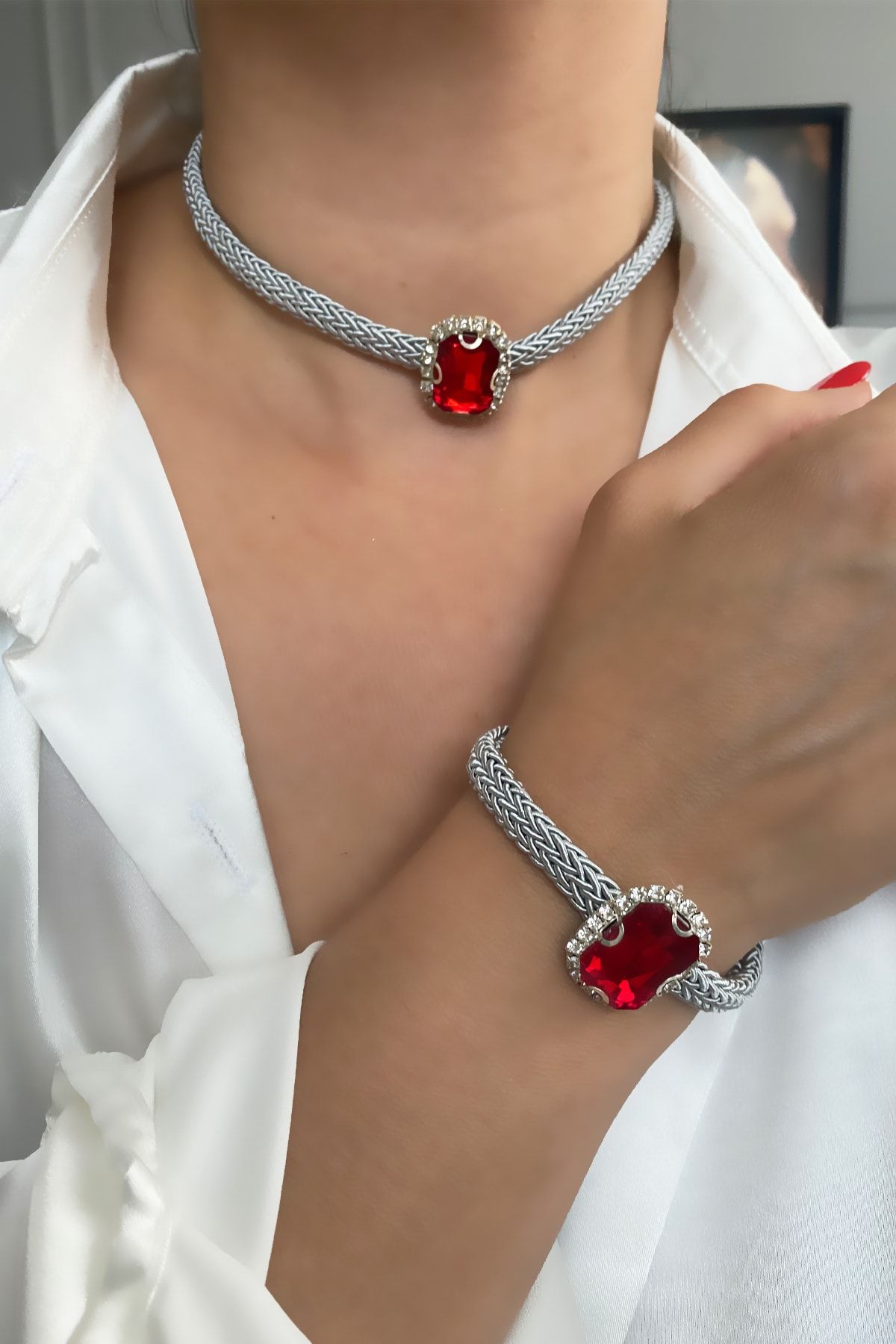 im Design Crystal Stone Herringbone Necklace Bracelet Set Trendyol