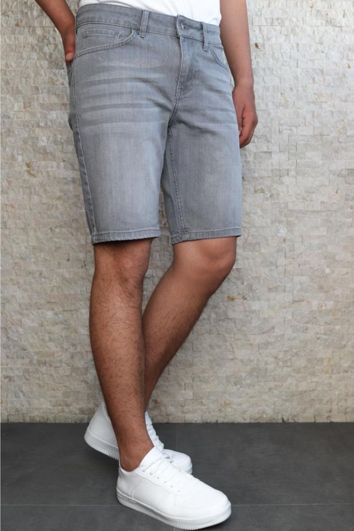 HLT JEANS Erkek Taşlamalı Rahat Kesim Esnek Likralı Gri Kot Jean Şort Hlt1961 IV10450