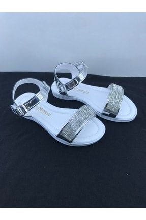 Beyaz Gümüş Kız Çocuk Taşlı Ortopedik Pedli Sandalet Tyu66