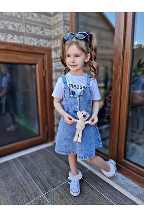 Ayıcık Aksesuarlı Kız Çocuk Kot Elbise Ve T-shirt 1-EL-050