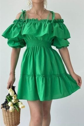 Yeşil Beli Gipeli Fırfırlı Elbise AFŞ-GIPYES