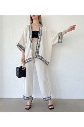 Şerit Nakışlı Etnik Desen Keten Kimono Kaftan Ceket Beli Fırfırlı Cepli Pantolon Takımı ANT21-5025