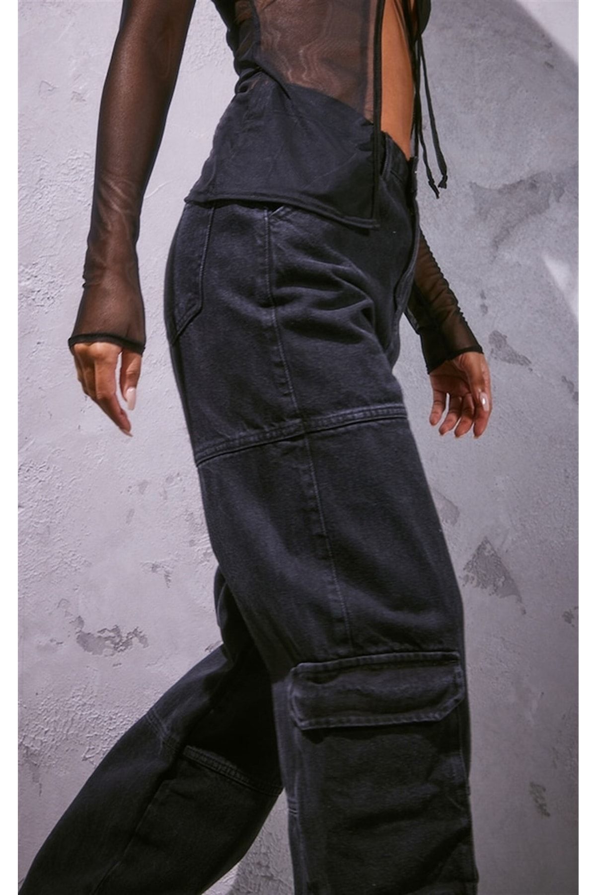 Y2k Pantolon Recycled Black Cargo Pocket Wıde Leg Jean Gothic