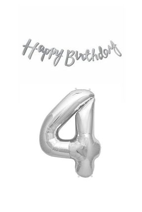 4 Yaş Doğum Günü Seti Gümüş Folyo Balon Ve Gümüş Happy Birtday Yazı LTS-BLN0538