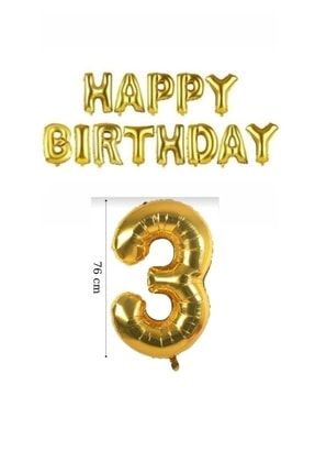 3 Yaş Doğum Günü Seti Gold Folyo Balon Ve Gold Happy Birtday Folyo Balon LTS-BLN0546