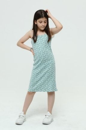Kız Çocuk Mint Yeşil Çiçek Baskılı Ipli Esnek Yazlık Günlük Elbise 559552