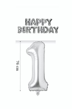 1 Yaş Doğum Günü Seti Gümüş Folyo Balon Ve Gümüş Happy Birtday Folyo Balon LTS-BLN0553