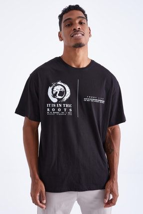 Siyah Minimal Baskılı O Yaka Erkek Oversize T-shirt - 88096 T12ER-88096