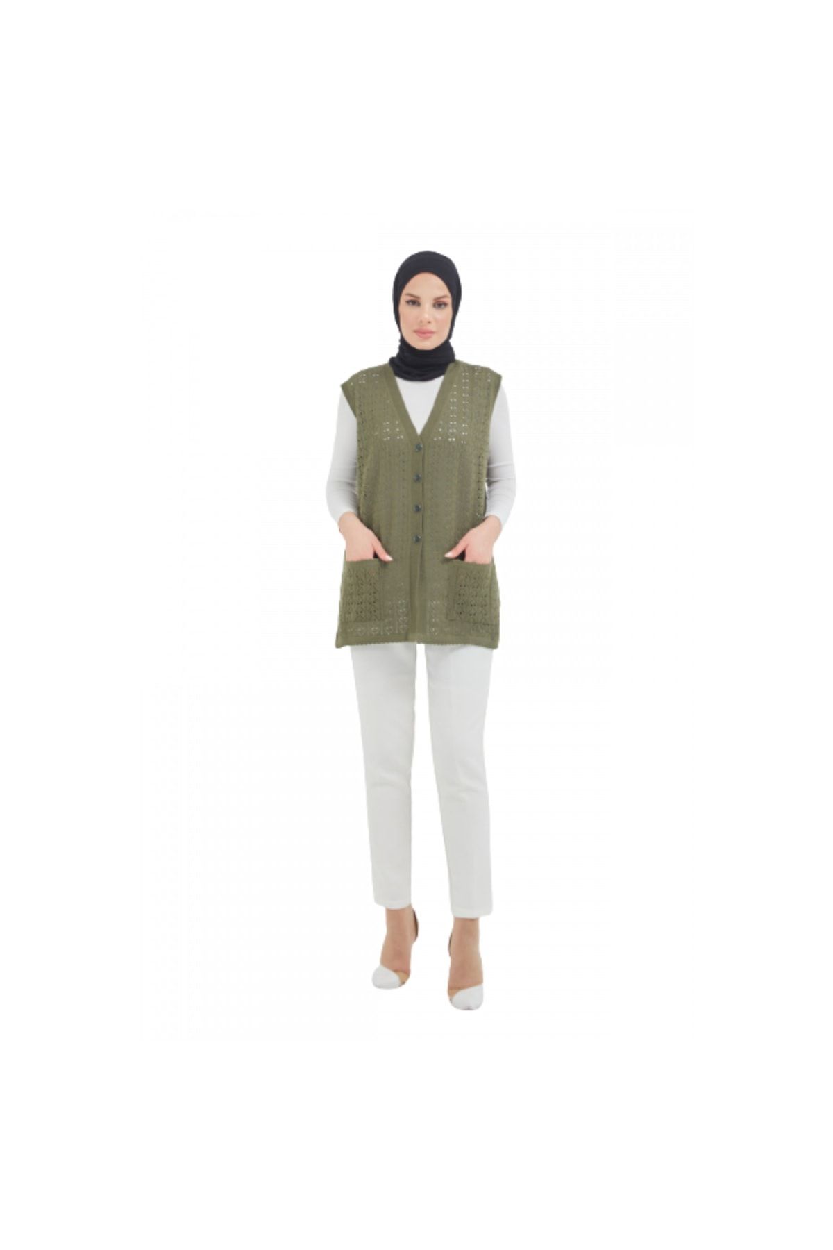 Fresh&Moda Vestă Mercerizată Kaki Cu Nasturi Femeie - 3XL