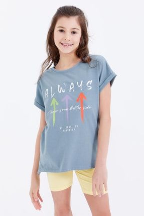 Mint Yeşili Renkli Yazı Baskılı O Yaka Düşük Omuz Kız Çocuk T-shirt - 75026 T09KG-75026