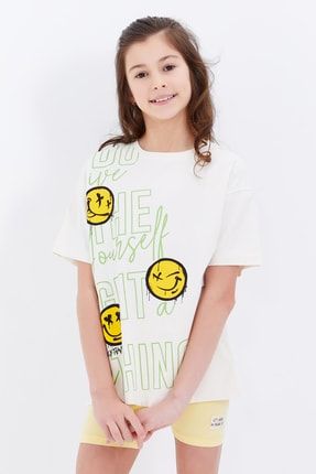 Ekru Oversize Emoji Baskılı O Yaka Düşük Omuz Kız Çocuk T-shirt - 75042 T09KG-75042