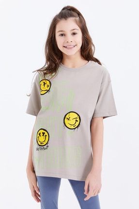 Koyu Bej Oversize Emoji Baskılı O Yaka Düşük Omuz Kız Çocuk T-shirt - 75042 T09KG-75042