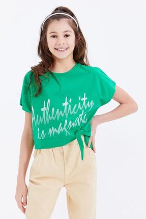 Yeşil Oversize Yazı Baskılı Beli Bağlama Detaylı O Yaka Kız Çocuk T-shirt - 75045 T09KG-75045