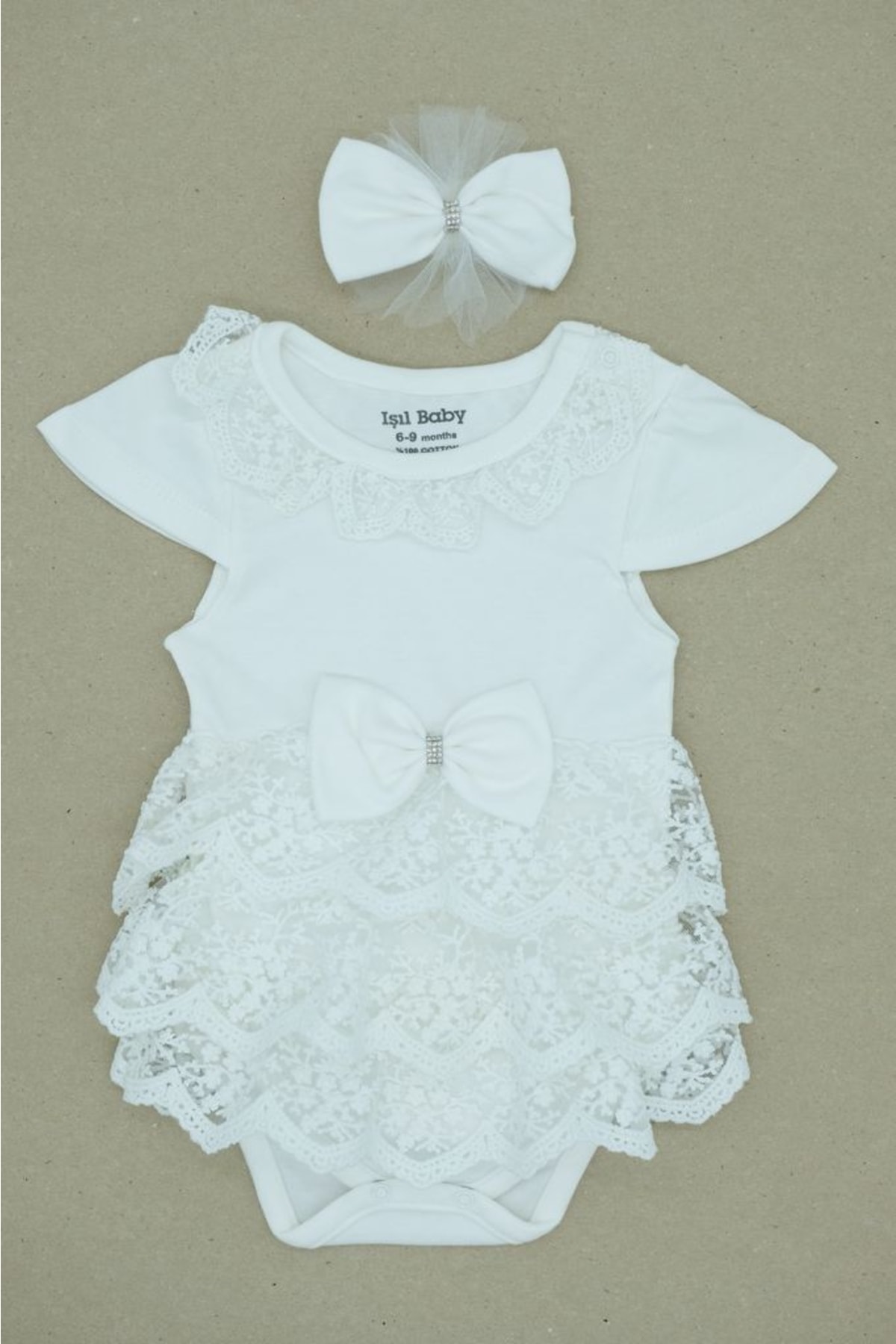 Işıl Baby Sıra Dantelli Kurdele Detaylı Bandanalı Elbise