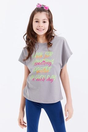 Gri Oversize Renkli Yazı Baskılı O Yaka Kız Çocuk T-shirt - 75029 T09KG-75029