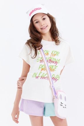 Ekru Oversize Renkli Yazı Baskılı O Yaka Kız Çocuk T-shirt - 75029 T09KG-75029