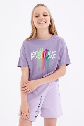 Eflatun Renkli Yazı Baskılı O Yaka Oversize Düşük Omuz Kız Çocuk Crop T-shirt - 75036 T09KG-75036